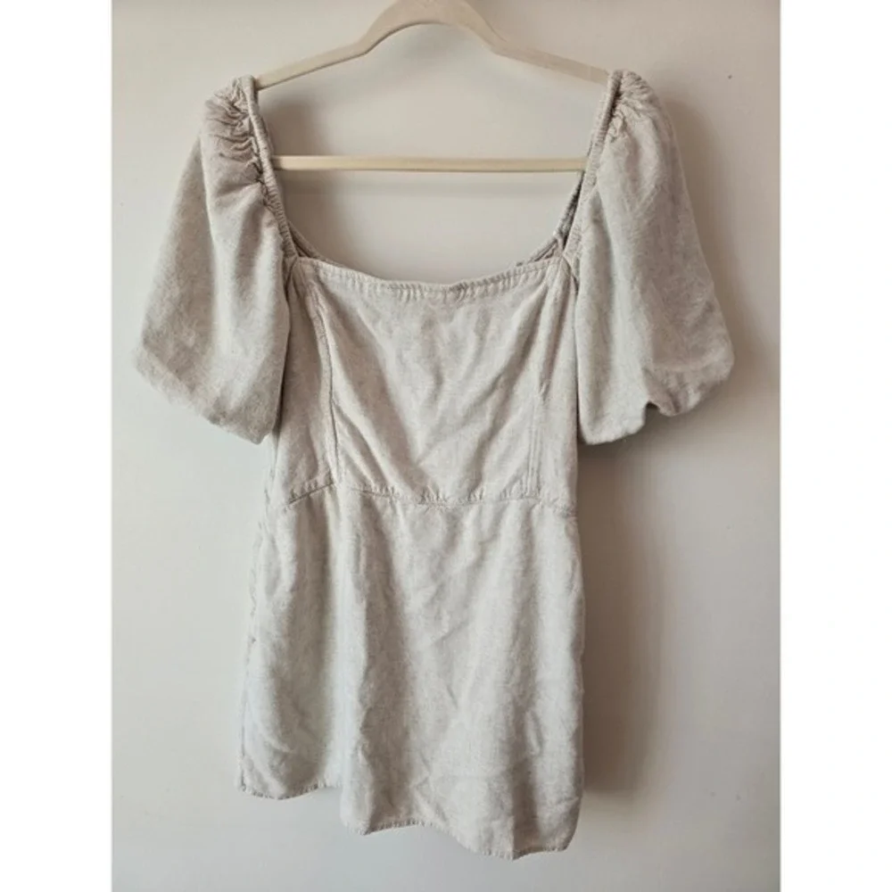 Abercrombie & Fitch Mini Dress Square‎ Neck Puff Sleeve Smocked Beige XL - Picture 2 of 11